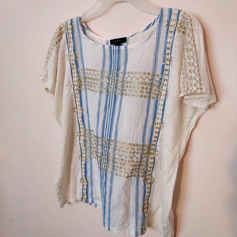 J. Crew White capped sleeve top Gold Embroidered Small Boho Quiet Luxury Chic